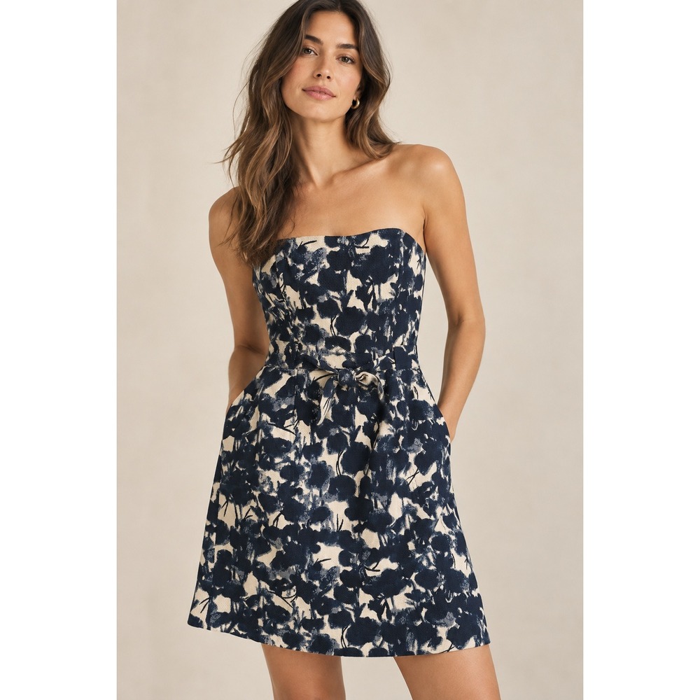 Banana Republic Strapless Floral Mini Dress Navy Blue White Cotton Pockets Sz 8